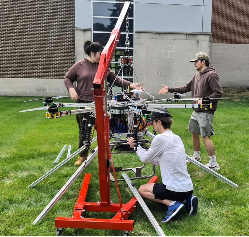 The hexacopter drone on its stand